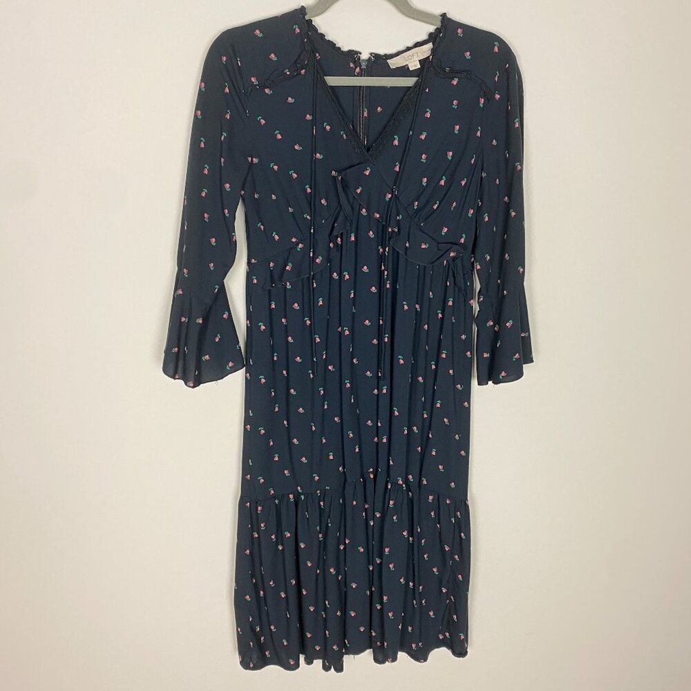 Loft‎ Floral Midi Dress Ruffles Women Small Milkmaid Peasant Black Tiered